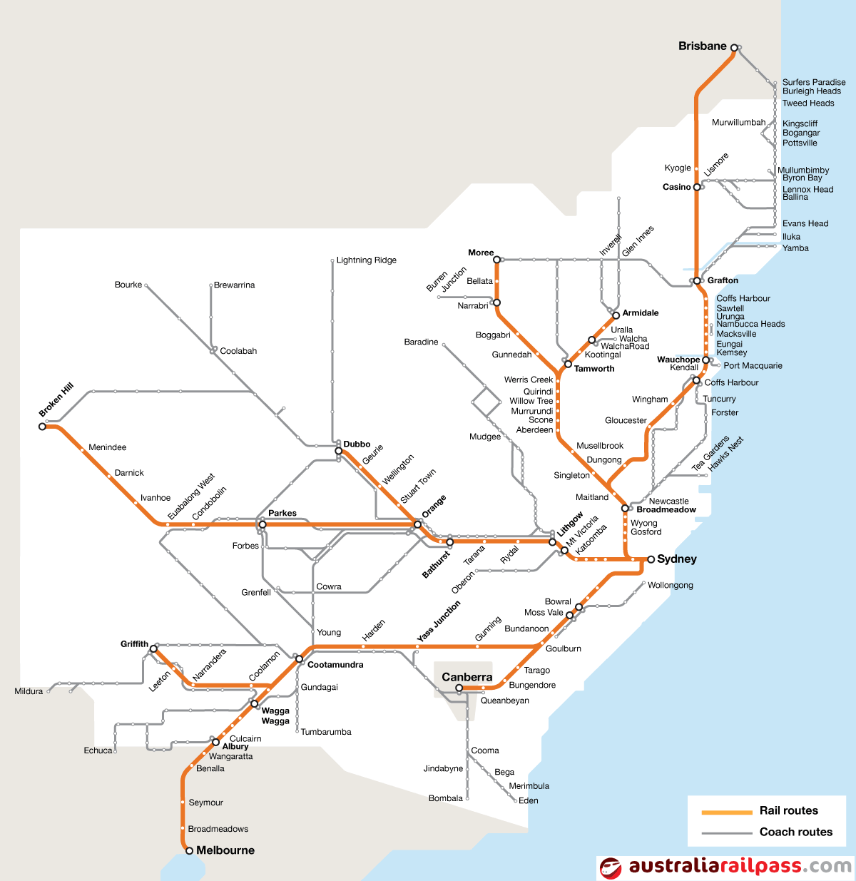 Map of rail routes covered by the Discovery Pass rail pass