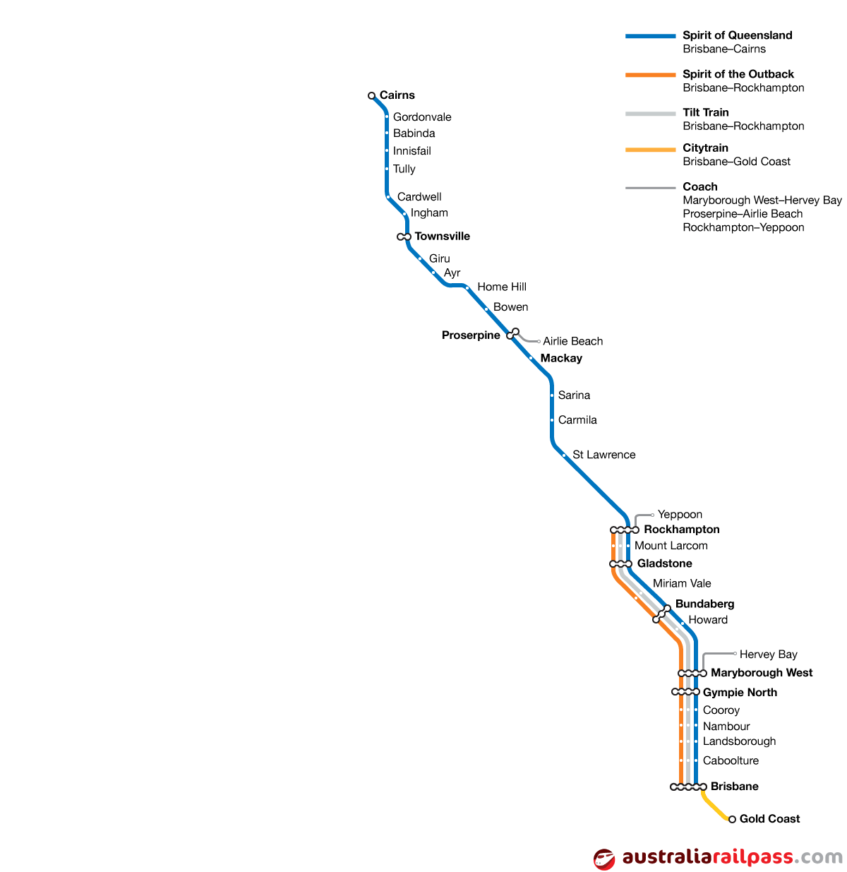Map of rail lines covered by the Queensland Coastal Pass rail pass