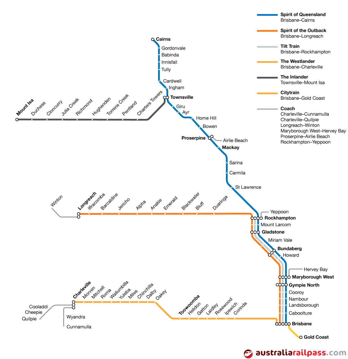 Map of rail lines covered by the Queensland Explorer Pass rail pass