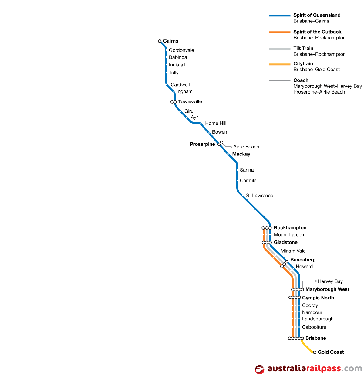 Map of rail lines covered by the Queensland Coastal Pass rail pass
