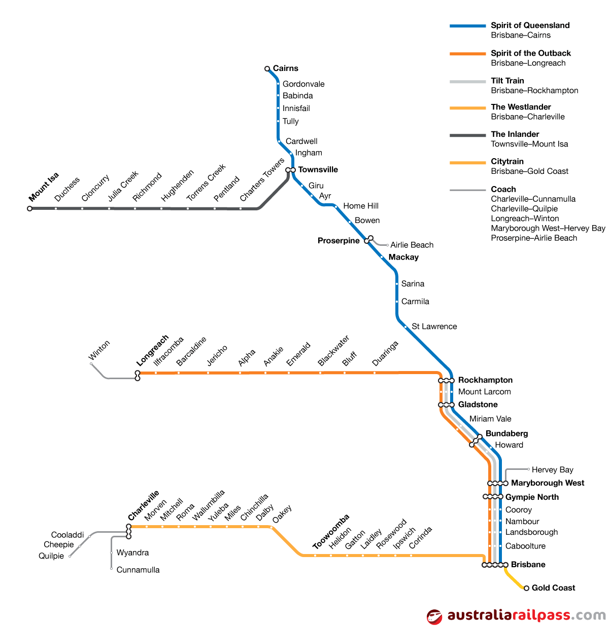 Map of rail lines covered by the Queensland Explorer Pass rail pass