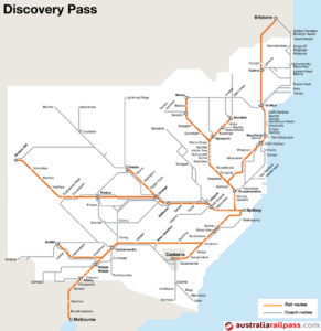 Map of coach and rail routes served by the Discovery Pass rail pass
