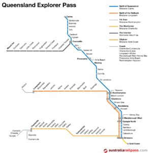 Map of rail and coach routes served by the Queensland Explorer Pass rail pass